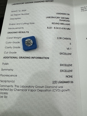 Beli 2.09CT E VS1 3EX Potongan Bulat CVD Berlian Tumbuh Sertifikat IGI LG624443136 online manufacture