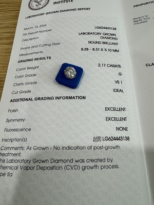 Beli 2.17CT G VS1 3EX CVD Laboratorium Dibuat Berlian Potong Bulat Sertifikat IGI LG624443138 online manufacture