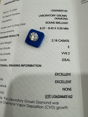 Beli 2.18CT E VVS1 ID EX CVD Synthetic Diamond Round Brilliant Cut online manufacture