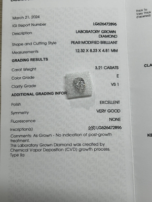 Beli 3.21CT E VS1 EX VG CVD Lab Tumbuh Berlian Pear Brillant Cut IGI Sertifikasi online manufacture