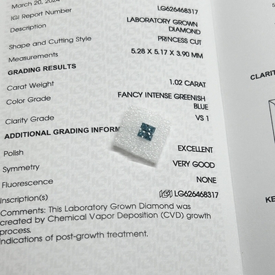 Beli 1.02CT Fancy Intense Greenish Blue VS1 EX VG CVD Lab Diwasa Diamond Princess Cut IGI Sertifikasi online manufacture