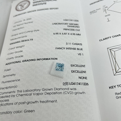 Beli 2.11CT Fancy Intense Blue VS1 2EX CVD Lab dewasa Diamond Princess Cut online manufacture