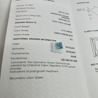Beli 3.12CT Fancy Intense Blue Lab Made Diamonds VS1 2EX CVD Princess Cut online manufacture