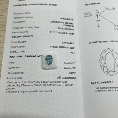 Beli 3.29ct Diamond Lab Tumbuh Oval Cut CVD Fancy Hijau Biru VS1 2EX N online manufacture