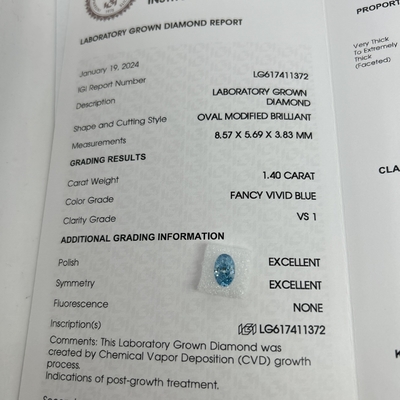 Beli 1.4ct Lab Made Diamonds Oval Cut CVD Fancy Vivid Blue VS1 2EX N Sertifikasi IGI online manufacture