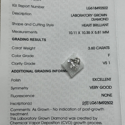 Beli 3.6ct Lab Made Diamonds Heart Brilliant Cut CVD F VS1 2EX N IGI LG618492502 online manufacture