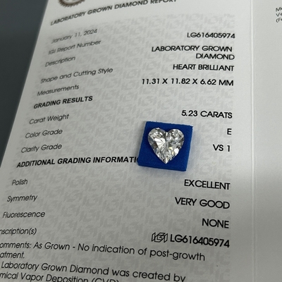 Beli 5.23ct Berlian Berkilau Hati Potong CVD E Warna VS1 Kejernihan 2EX N IGI online manufacture