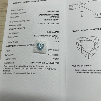 Beli 3.26ct CVD Heart Shape Lab Diamond Fancy Intense Greenish Blue VS2 2EX online manufacture