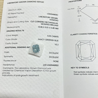Beli VS2 Berlian Lab Tumbuh Radiant Cut Biru Nuansa Lab Berlian 5,03 karat online manufacture