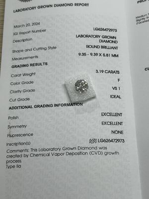 3.19CT F VS1 3EX Lab Tumbuh CVD Berlian Potong Bulat Sertifikat IGI LG626472973