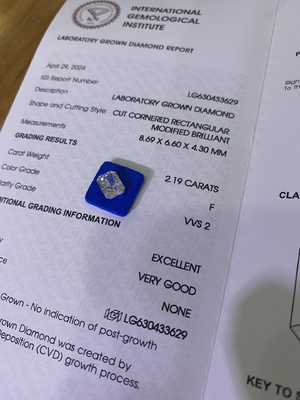 2.19ct Laboratorium Diamond Radiant Cut CVD F VVS2 EX VG N IGI LG630433629