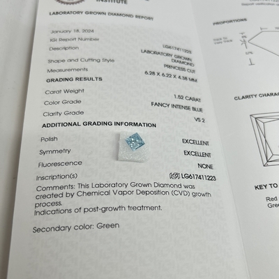 1.52CT Fancy Intense Blue VS2 2EX CVD Lab dewasa Diamond Princess Bentuk OEM ODM