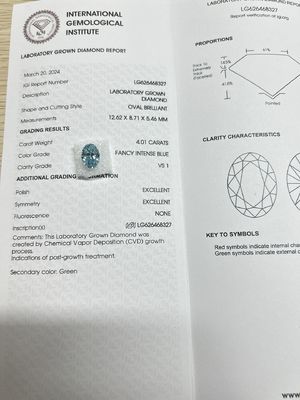 Biru 4.01ct VS1 CVD Laboratorium Dibuat Berlian Berlian buatan Untuk pembuatan perhiasan