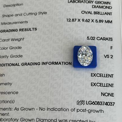 5.02ct VS2 F Berlian buatan Berlian yang ditanam di laboratorium Potongan oval