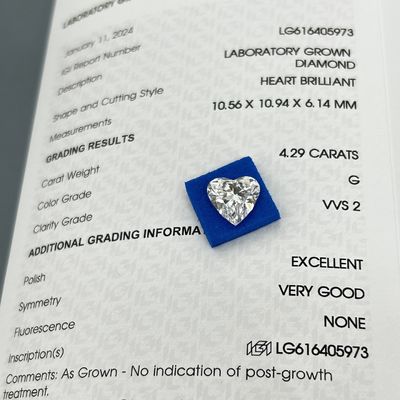 4.29ct Berlian di Lab Hati Potong CVD G Warna VVS2 2EX N IGI