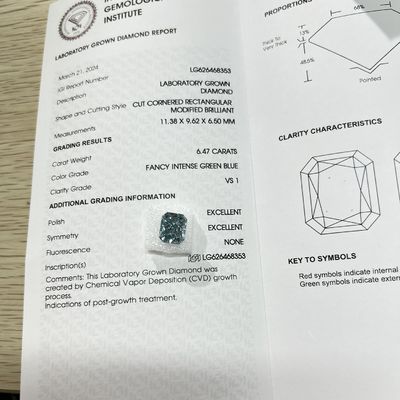 VS1 6.47ct Lab Made Blue Diamonds Radiant Shape HPHT Lab Diamonds Fancy Intense Blue