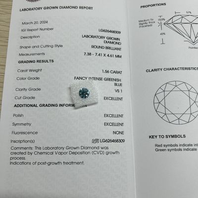 1.56ct Fancy Intense Greenish Blue Lab Diwasa Berlian Potong Bulat CVD FVS1 3EX N IGI